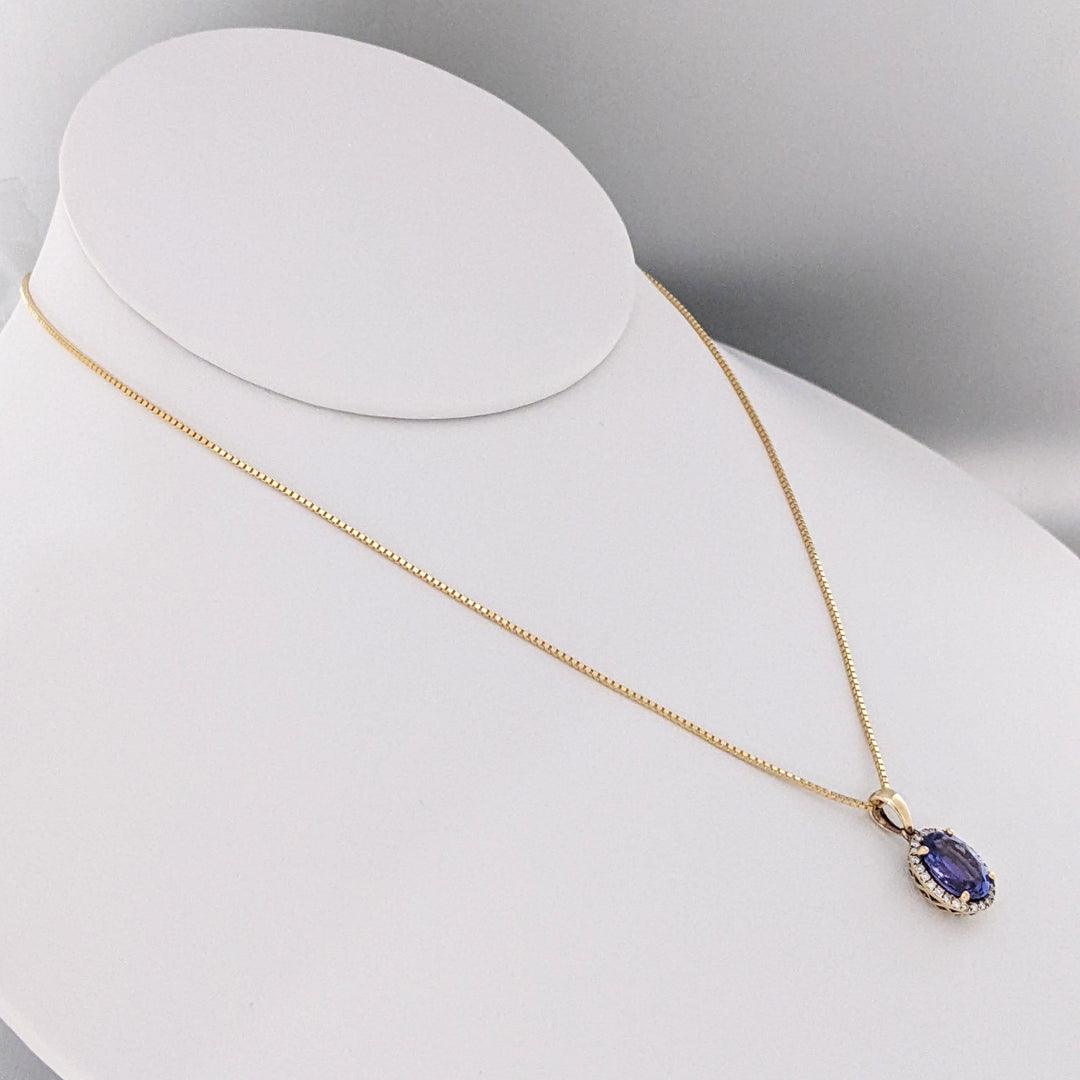 14K TANZANITE OVAL 7X9 "AAA" WITH .20 DIAMOND TOTAL WEIGHT HALO ESTATE PENDANT & CHAIN 3.4 GRAMS