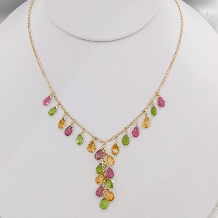 14K PINK TOURMALINE, PERIDOT, CITRINE BEAD DANGLE ESTATE NECKLACE 4.6 GRAMS