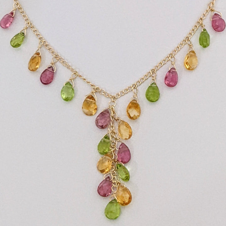 14K PINK TOURMALINE, PERIDOT, CITRINE BEAD DANGLE ESTATE NECKLACE 4.6 GRAMS