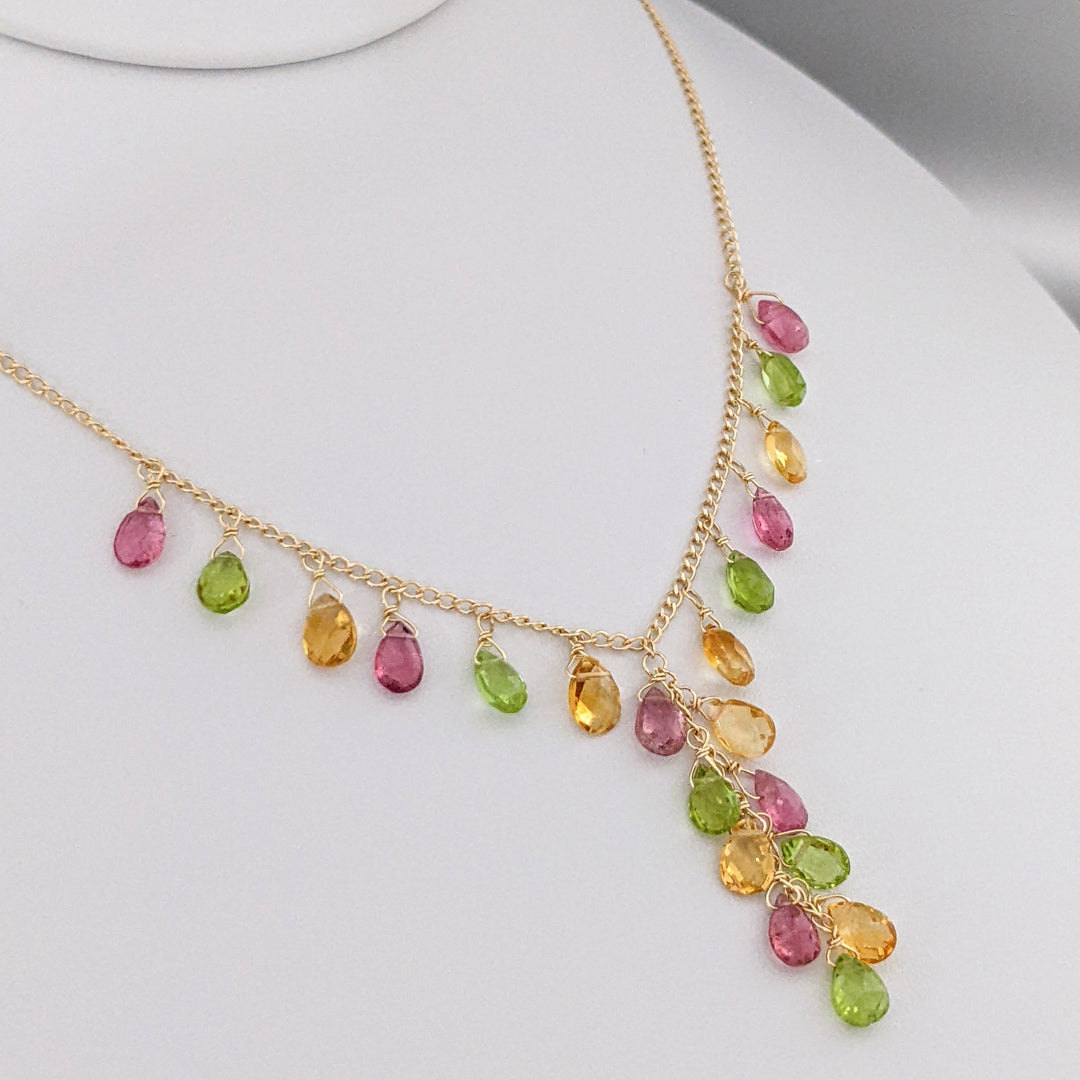 14K PINK TOURMALINE, PERIDOT, CITRINE BEAD DANGLE ESTATE NECKLACE 4.6 GRAMS