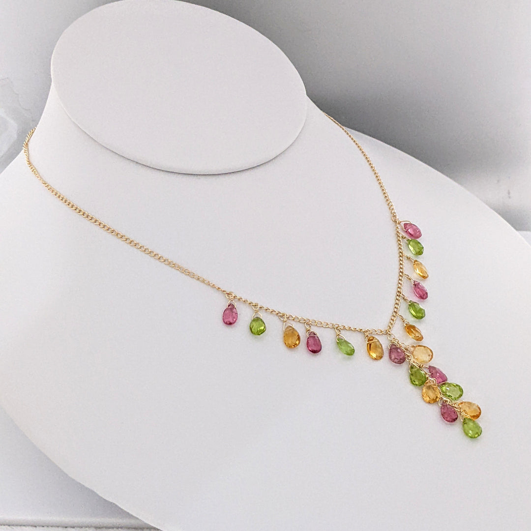 14K PINK TOURMALINE, PERIDOT, CITRINE BEAD DANGLE ESTATE NECKLACE 4.6 GRAMS