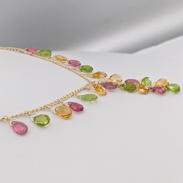 14K PINK TOURMALINE, PERIDOT, CITRINE BEAD DANGLE ESTATE NECKLACE 4.6 GRAMS
