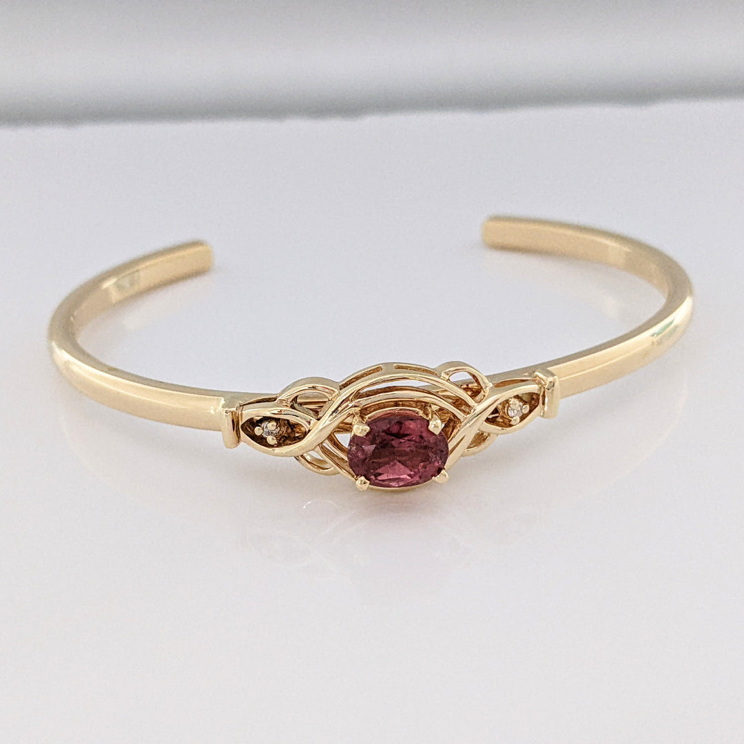 14K PINK TOURMALINE OVAL 6X8 WTH (2) MELEE ESTATE CUFF BRACELET 19.2 GRAMS