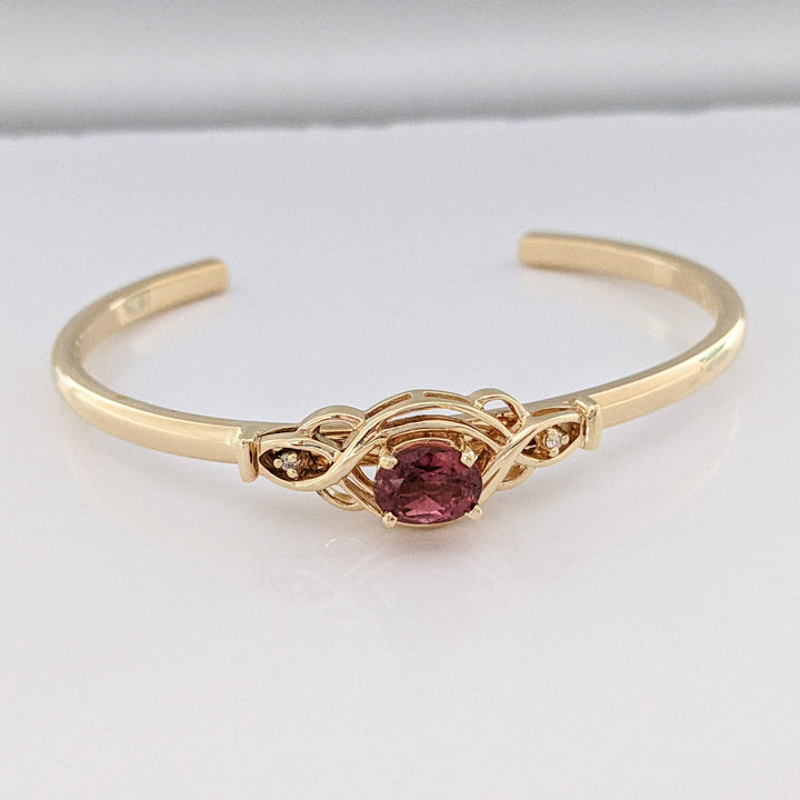 14K PINK TOURMALINE OVAL 6X8 WTH (2) MELEE ESTATE CUFF BRACELET 19.2 GRAMS