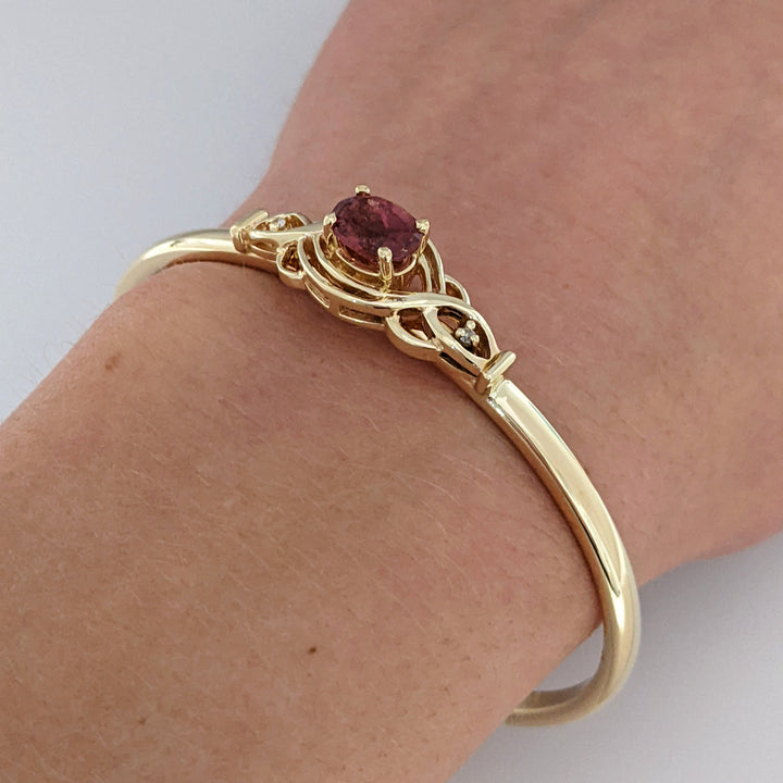 14K PINK TOURMALINE OVAL 6X8 WTH (2) MELEE ESTATE CUFF BRACELET 19.2 GRAMS