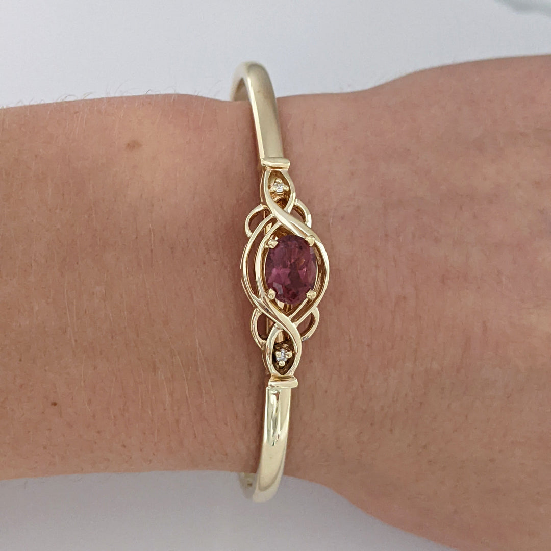 14K PINK TOURMALINE OVAL 6X8 WTH (2) MELEE ESTATE CUFF BRACELET 19.2 GRAMS