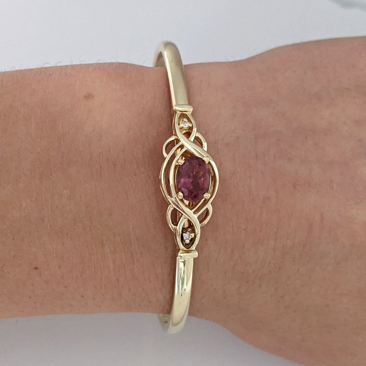 14K PINK TOURMALINE OVAL 6X8 WTH (2) MELEE ESTATE CUFF BRACELET 19.2 GRAMS