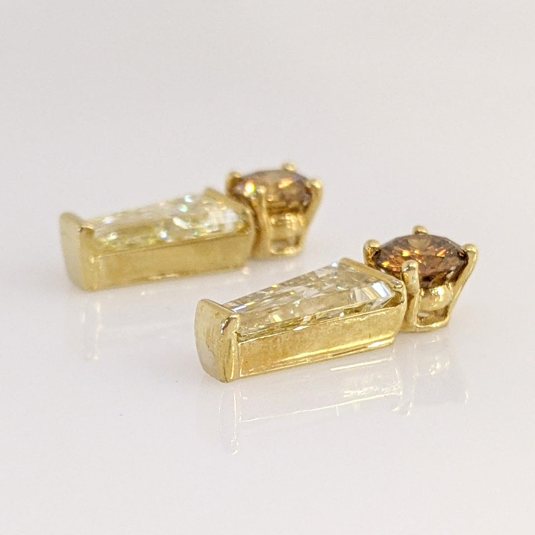 14K 1.88 CARAT TOTAL WEIGHT VS1 CHAMPAGNE DIAMOND ROUND (2) WITH BAGUETTE (2) ESTATE EARRINGS 3.5 GRAMS