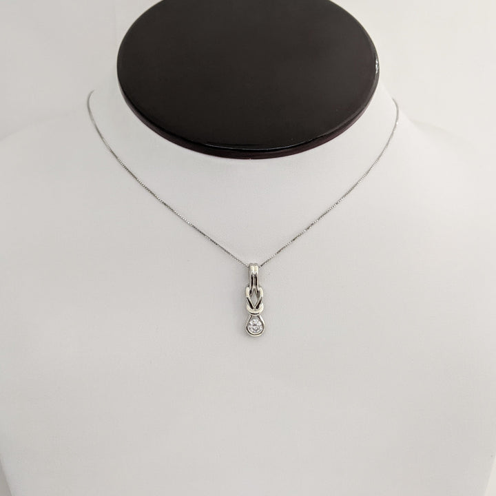 10K WHITE .25 CARAT TOTAL I1 I DIAMOND ROUND LOVE KNOT ESTATE PENDANT & CHAIN 2.5 GRAMS