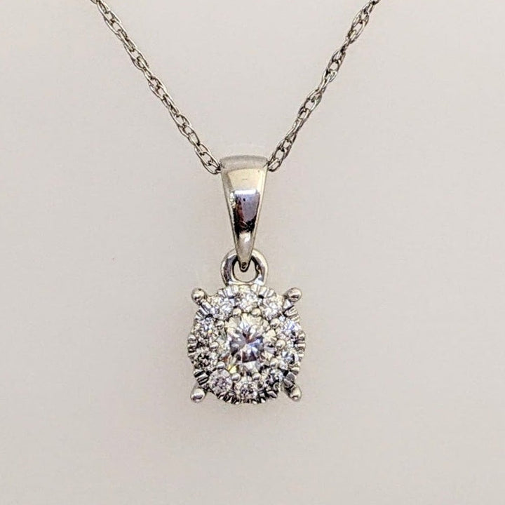10K WHITE .12 CARAT TOTAL WEIGHT I1 I DIAMOND ROUND (11) ESTATE CLUSTER PENDANT & CHAIN 1.0 GRAMS