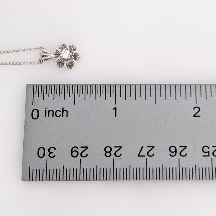 14K WHITE .07 CARAT TOTAL SI1 H DIAMOND ROUND FLOWER ESTATE PENDANT & CHAIN 1.9 GRAMS