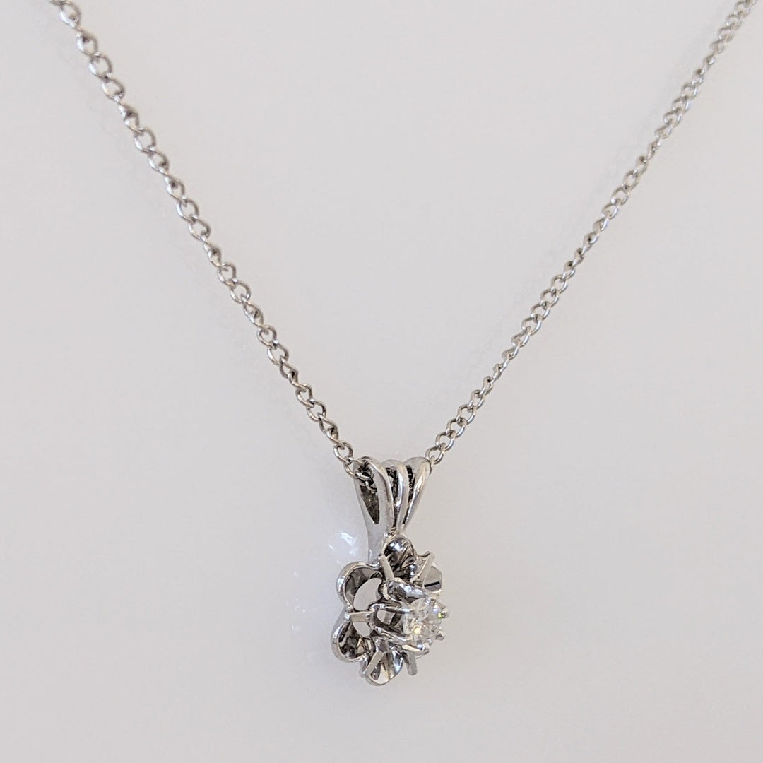 14K WHITE .07 CARAT TOTAL SI1 H DIAMOND ROUND FLOWER ESTATE PENDANT & CHAIN 1.9 GRAMS