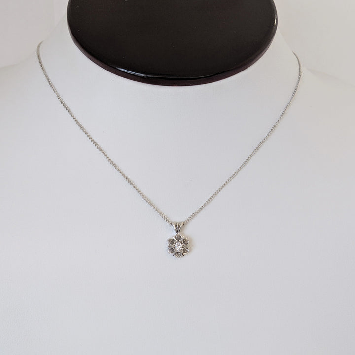14K WHITE .07 CARAT TOTAL SI1 H DIAMOND ROUND FLOWER ESTATE PENDANT & CHAIN 1.9 GRAMS