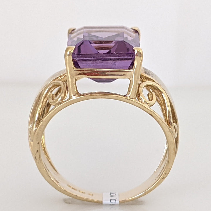 10K AMETHYST EMERALD CUT 10X14 OPEN TEXTURED SIDES ESTATE RING 5.7 GRAMS
