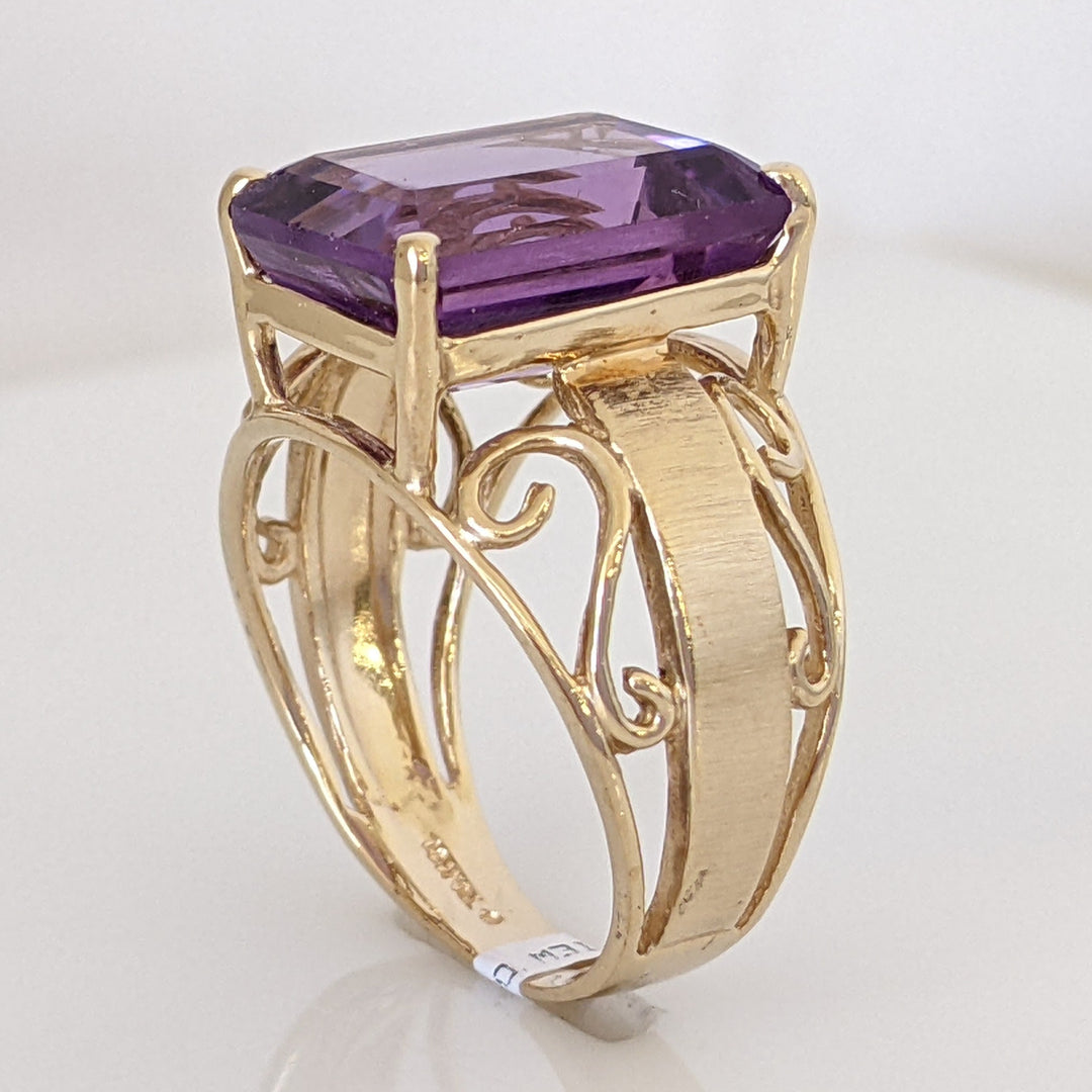 10K AMETHYST EMERALD CUT 10X14 OPEN TEXTURED SIDES ESTATE RING 5.7 GRAMS