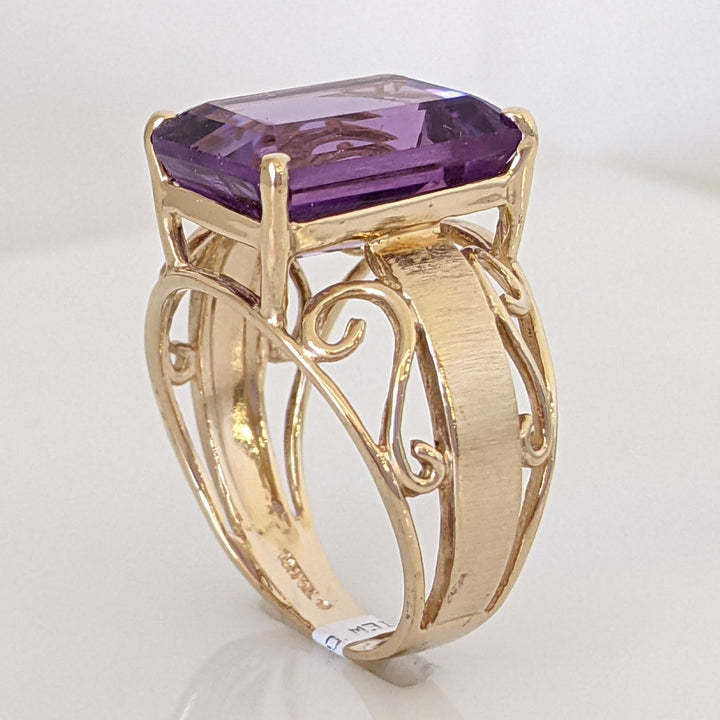 10K AMETHYST EMERALD CUT 10X14 OPEN TEXTURED SIDES ESTATE RING 5.7 GRAMS