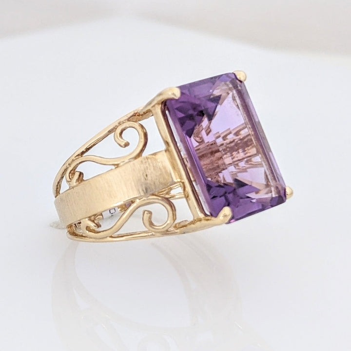 10K AMETHYST EMERALD CUT 10X14 OPEN TEXTURED SIDES ESTATE RING 5.7 GRAMS
