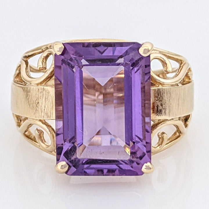 10K AMETHYST EMERALD CUT 10X14 OPEN TEXTURED SIDES ESTATE RING 5.7 GRAMS
