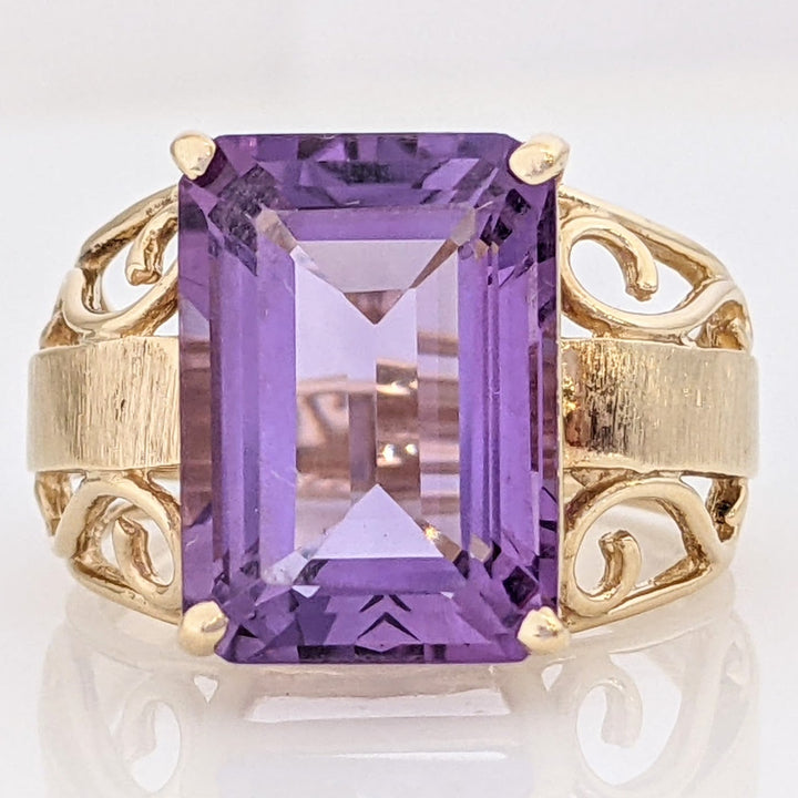 10K AMETHYST EMERALD CUT 10X14 OPEN TEXTURED SIDES ESTATE RING 5.7 GRAMS