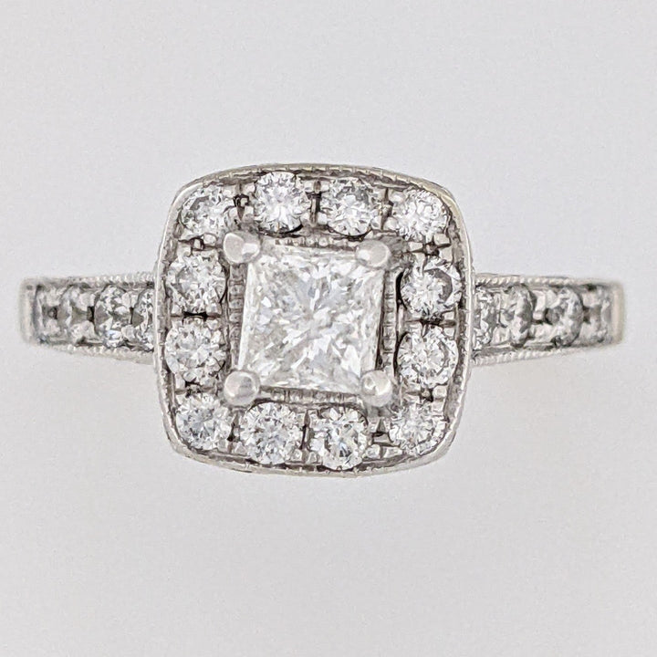 14K WHITE .90 CARAT TOTAL WEIGHT I1 H DIAMOND PRINCESS CUT (1) ROUND (20) ESTATE HALO RING 4.5 GRAMS