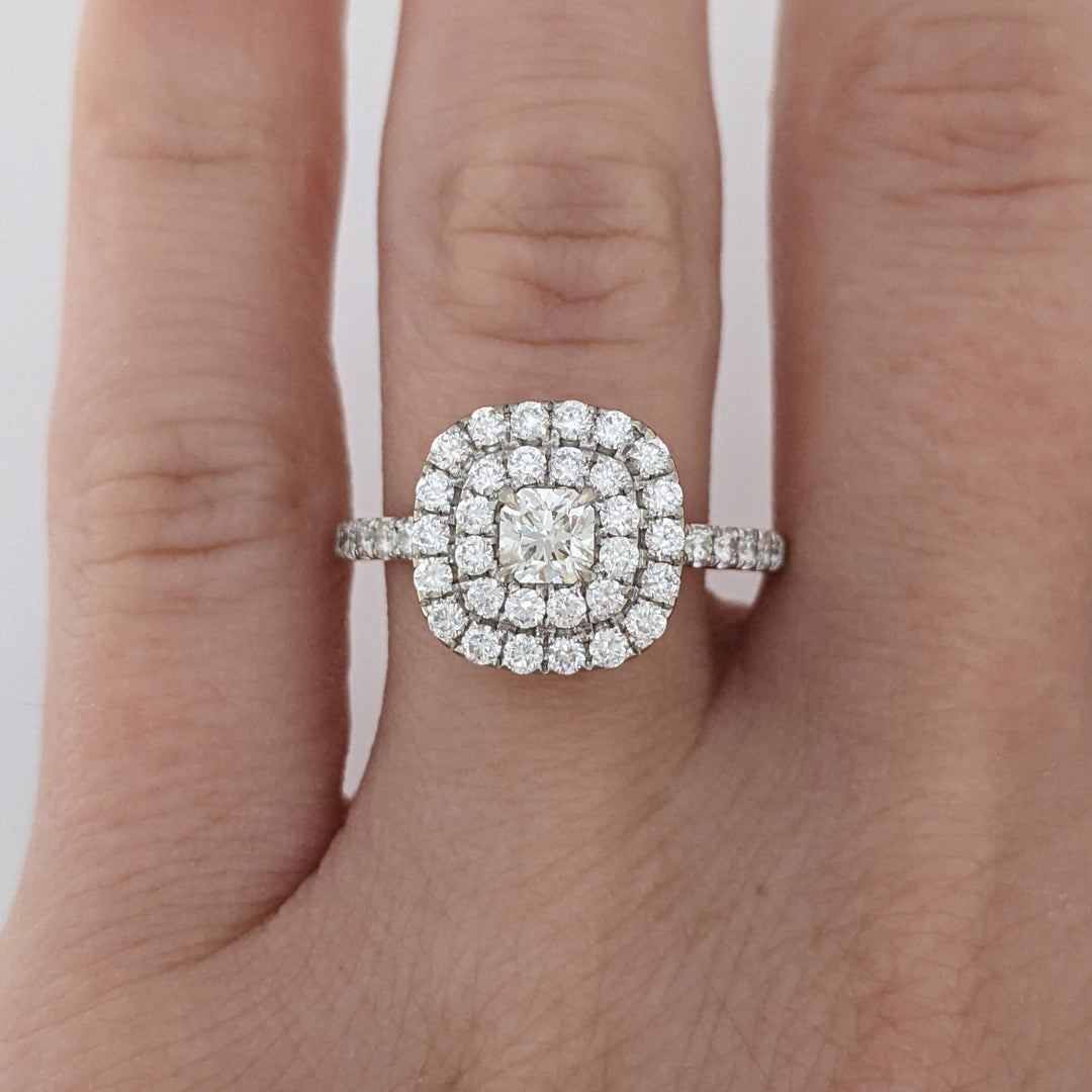 14K WHITE 1.07 CARAT TOTAL WEIGHT SI2-I1 I DIAMOND ROUND (45) DOUBLE HALO ESTATE RING 3.0 GRAMS