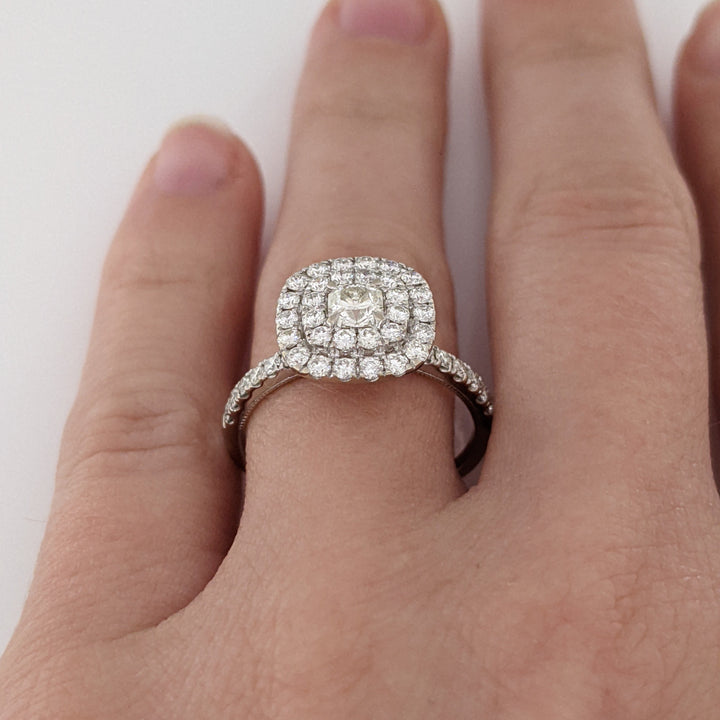 14K WHITE 1.07 CARAT TOTAL WEIGHT SI2-I1 I DIAMOND ROUND (45) DOUBLE HALO ESTATE RING 3.0 GRAMS