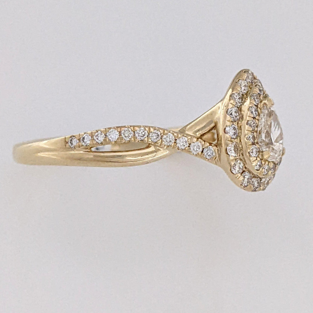 14K .53 CARAT TOTAL WEIGHT SI1 J DIAMOND PEAR (1) ROUND (56) DOUBLE HALO ESTATE RING 2.8 GRAMS