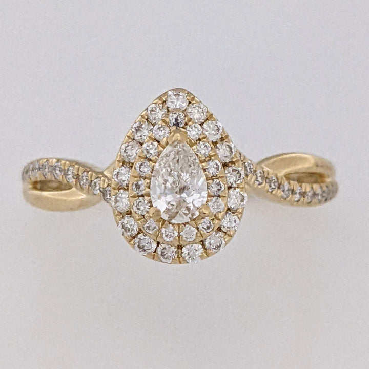 14K .53 CARAT TOTAL WEIGHT SI1 J DIAMOND PEAR (1) ROUND (56) DOUBLE HALO ESTATE RING 2.8 GRAMS