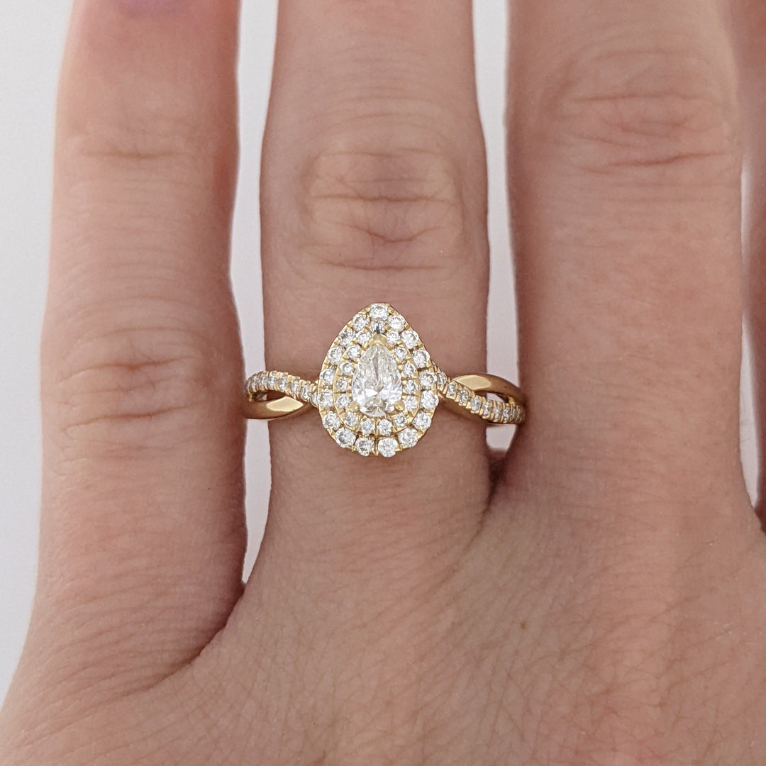 14K .53 CARAT TOTAL WEIGHT SI1 J DIAMOND PEAR (1) ROUND (56) DOUBLE HALO ESTATE RING 2.8 GRAMS
