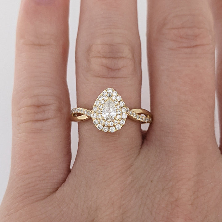 14K .53 CARAT TOTAL WEIGHT SI1 J DIAMOND PEAR (1) ROUND (56) DOUBLE HALO ESTATE RING 2.8 GRAMS