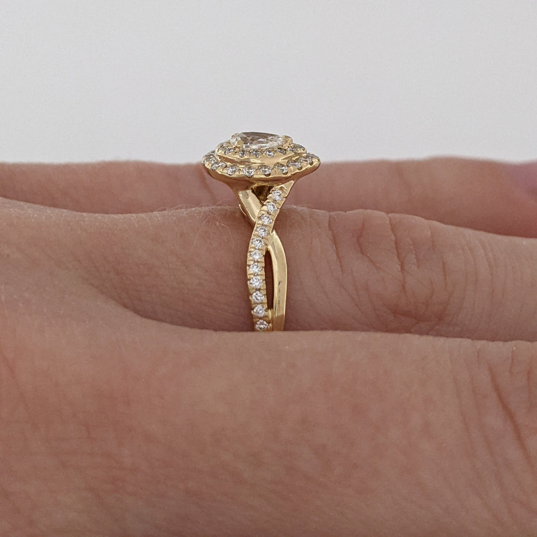 14K .53 CARAT TOTAL WEIGHT SI1 J DIAMOND PEAR (1) ROUND (56) DOUBLE HALO ESTATE RING 2.8 GRAMS