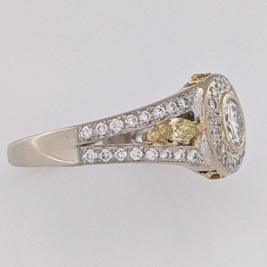 14K WHITE 1.06 CARAT TOTAL WEIGHT DIAMOND ROUND (53) WITH (2) YELLOW MARQUISE ESTATE RING 4.5 GRAMS