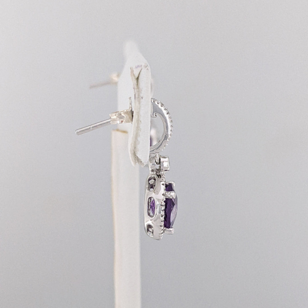 14K WHITE AMETHYST ROUND 7MM WITH .28 DIAMOND TOTAL WEIGHT DANGLE ESTATE EARRINGS 3.1 GRAMS