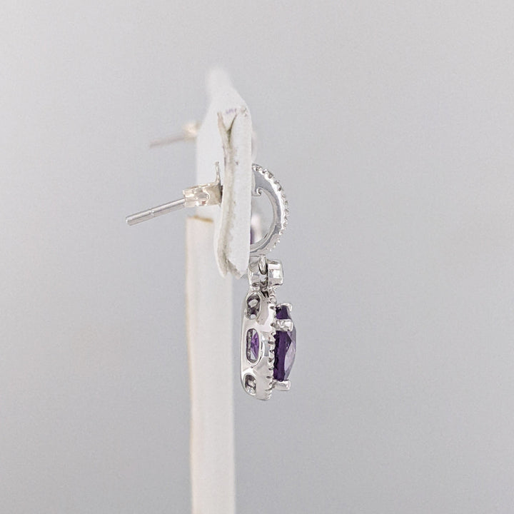 14K WHITE AMETHYST ROUND 7MM WITH .28 DIAMOND TOTAL WEIGHT DANGLE ESTATE EARRINGS 3.1 GRAMS