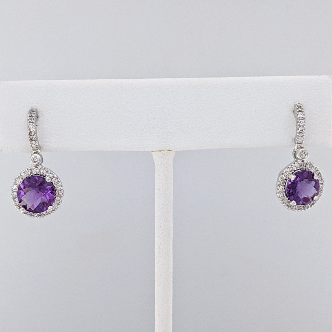 14K WHITE AMETHYST ROUND 7MM WITH .28 DIAMOND TOTAL WEIGHT DANGLE ESTATE EARRINGS 3.1 GRAMS