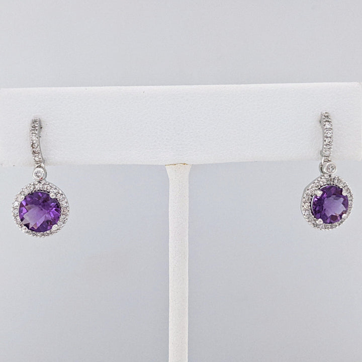 14K WHITE AMETHYST ROUND 7MM WITH .28 DIAMOND TOTAL WEIGHT DANGLE ESTATE EARRINGS 3.1 GRAMS