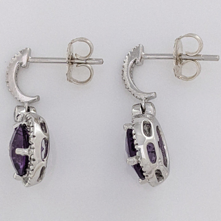 14K WHITE AMETHYST ROUND 7MM WITH .28 DIAMOND TOTAL WEIGHT DANGLE ESTATE EARRINGS 3.1 GRAMS