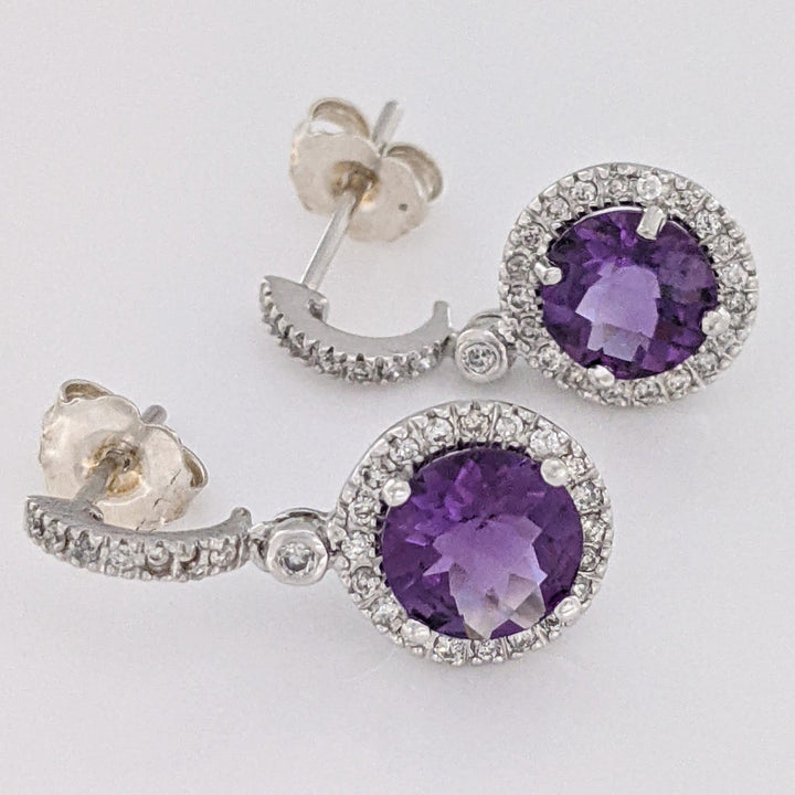 14K WHITE AMETHYST ROUND 7MM WITH .28 DIAMOND TOTAL WEIGHT DANGLE ESTATE EARRINGS 3.1 GRAMS