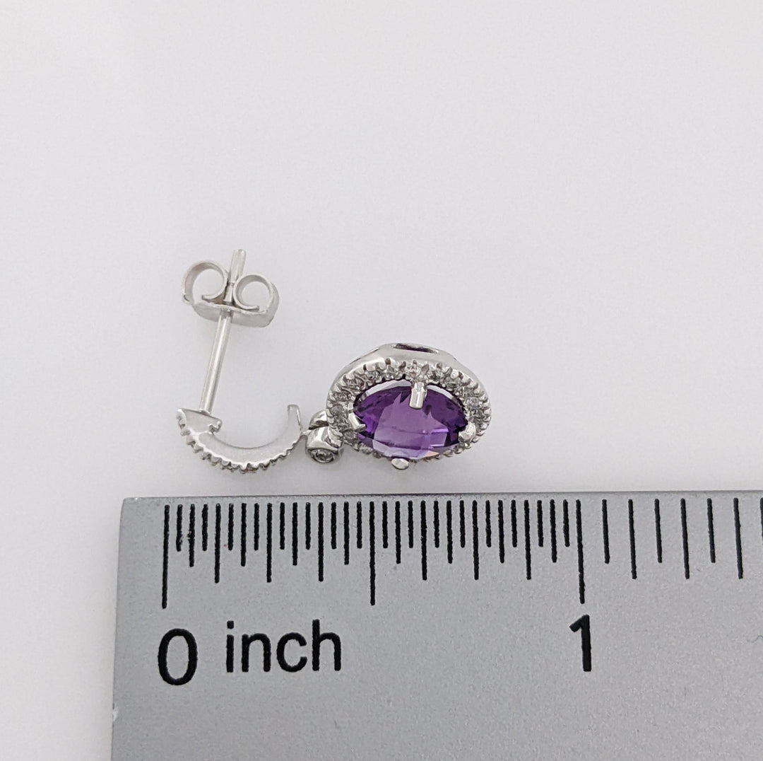 14K WHITE AMETHYST ROUND 7MM WITH .28 DIAMOND TOTAL WEIGHT DANGLE ESTATE EARRINGS 3.1 GRAMS