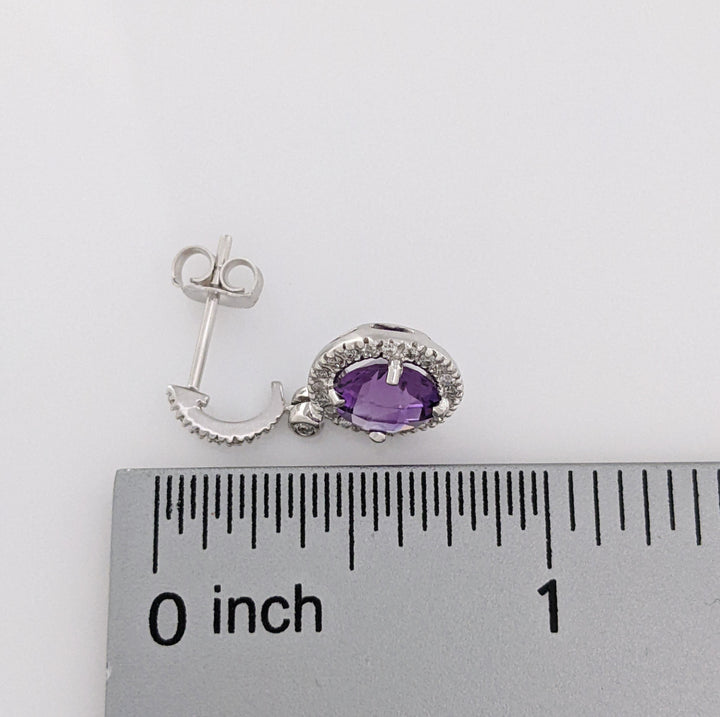 14K WHITE AMETHYST ROUND 7MM WITH .28 DIAMOND TOTAL WEIGHT DANGLE ESTATE EARRINGS 3.1 GRAMS