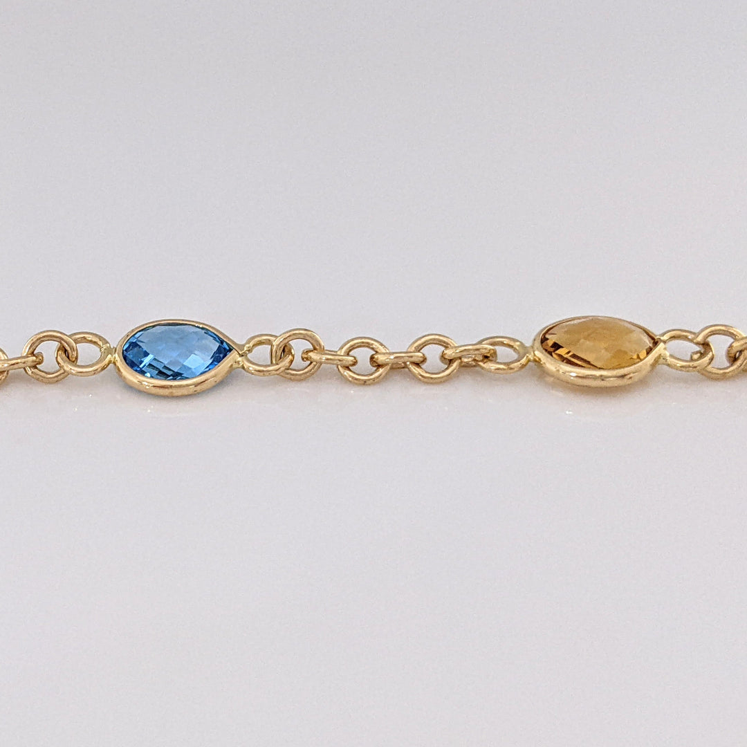 14K PERIDOT, AMETHYST, BLUE TOPAZ, CITRINE, GARNET OVAL 6X8 BEZEL LINK ESTATE BRACELET 6.2 GRAMS