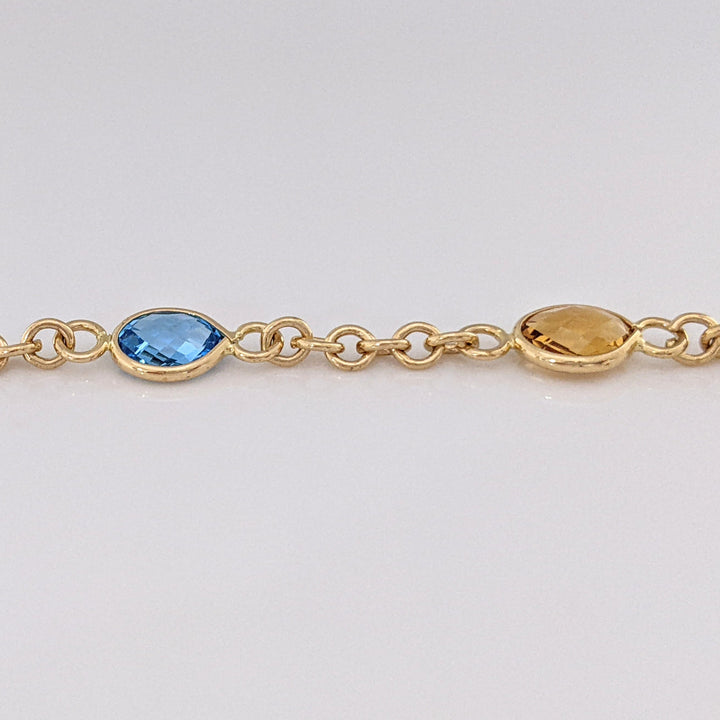 14K PERIDOT, AMETHYST, BLUE TOPAZ, CITRINE, GARNET OVAL 6X8 BEZEL LINK ESTATE BRACELET 6.2 GRAMS