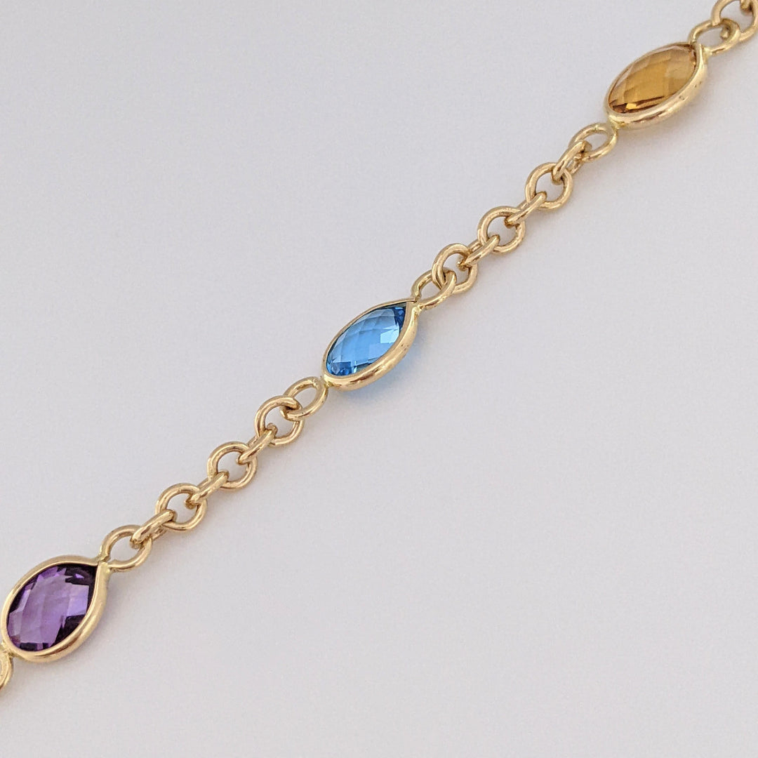 14K PERIDOT, AMETHYST, BLUE TOPAZ, CITRINE, GARNET OVAL 6X8 BEZEL LINK ESTATE BRACELET 6.2 GRAMS