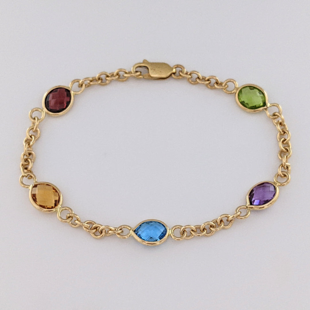 14K PERIDOT, AMETHYST, BLUE TOPAZ, CITRINE, GARNET OVAL 6X8 BEZEL LINK ESTATE BRACELET 6.2 GRAMS