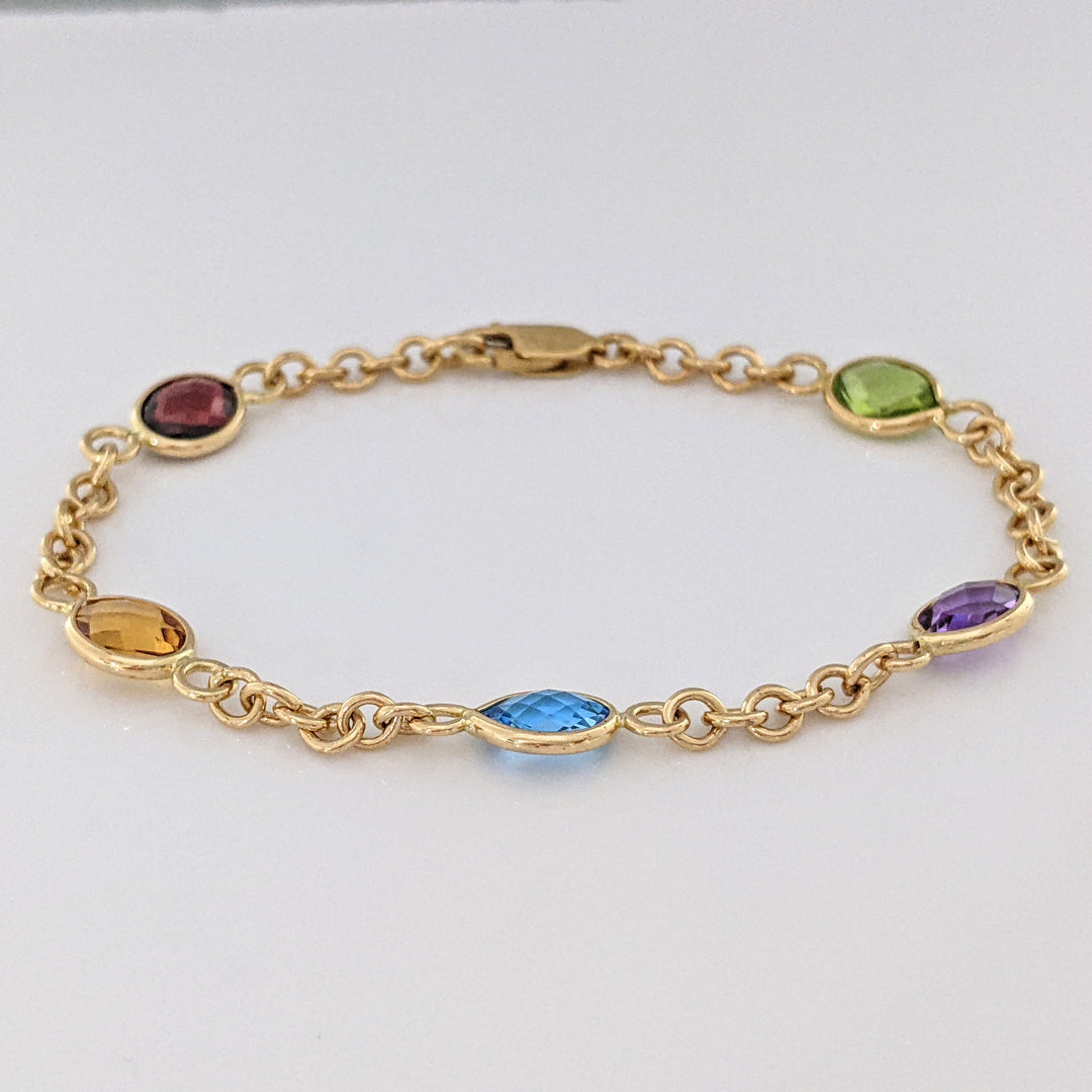 14K PERIDOT, AMETHYST, BLUE TOPAZ, CITRINE, GARNET OVAL 6X8 BEZEL LINK ESTATE BRACELET 6.2 GRAMS