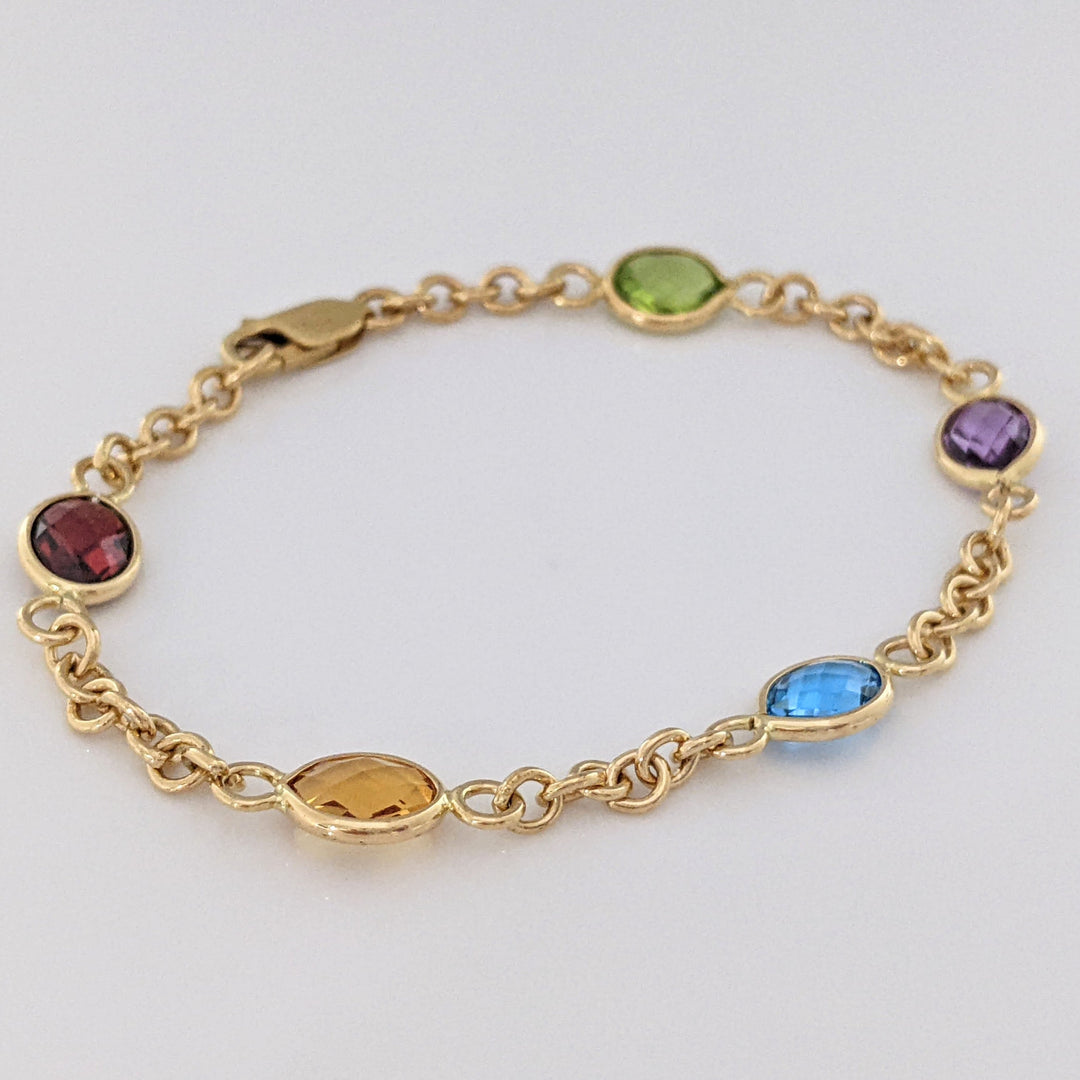 14K PERIDOT, AMETHYST, BLUE TOPAZ, CITRINE, GARNET OVAL 6X8 BEZEL LINK ESTATE BRACELET 6.2 GRAMS