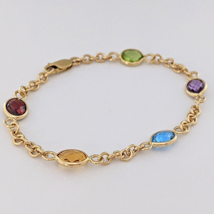 14K PERIDOT, AMETHYST, BLUE TOPAZ, CITRINE, GARNET OVAL 6X8 BEZEL LINK ESTATE BRACELET 6.2 GRAMS