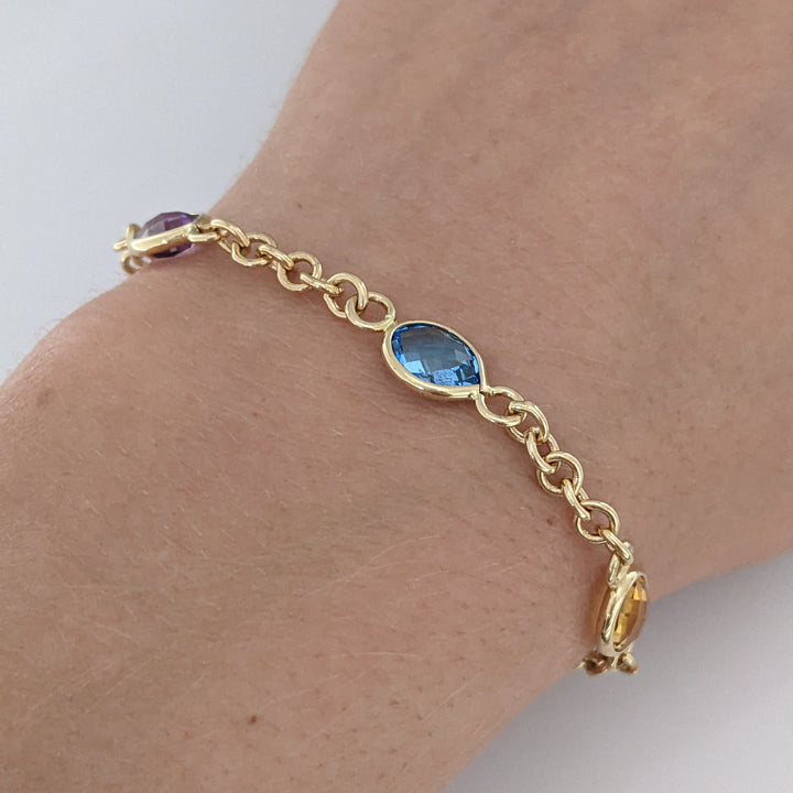 14K PERIDOT, AMETHYST, BLUE TOPAZ, CITRINE, GARNET OVAL 6X8 BEZEL LINK ESTATE BRACELET 6.2 GRAMS