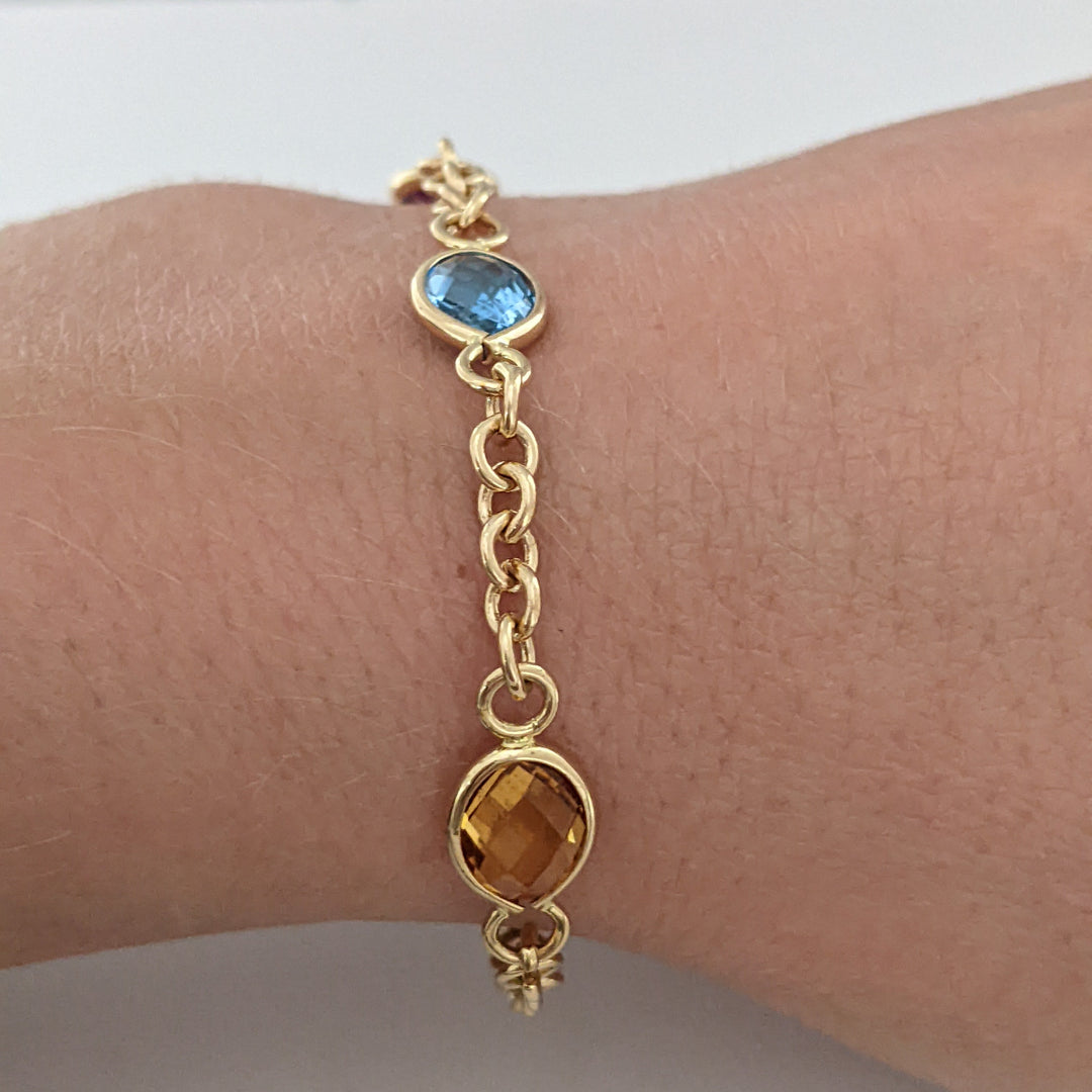 14K PERIDOT, AMETHYST, BLUE TOPAZ, CITRINE, GARNET OVAL 6X8 BEZEL LINK ESTATE BRACELET 6.2 GRAMS