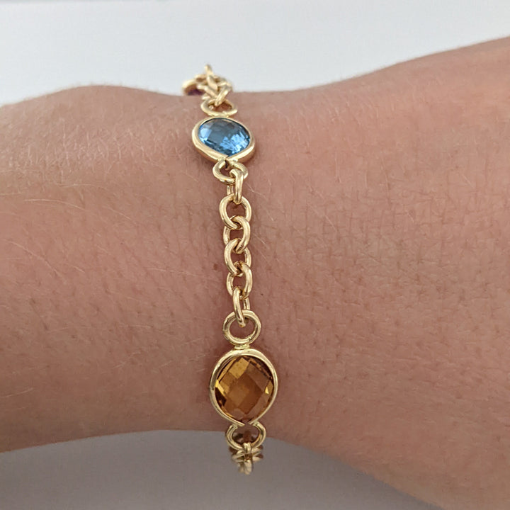 14K PERIDOT, AMETHYST, BLUE TOPAZ, CITRINE, GARNET OVAL 6X8 BEZEL LINK ESTATE BRACELET 6.2 GRAMS